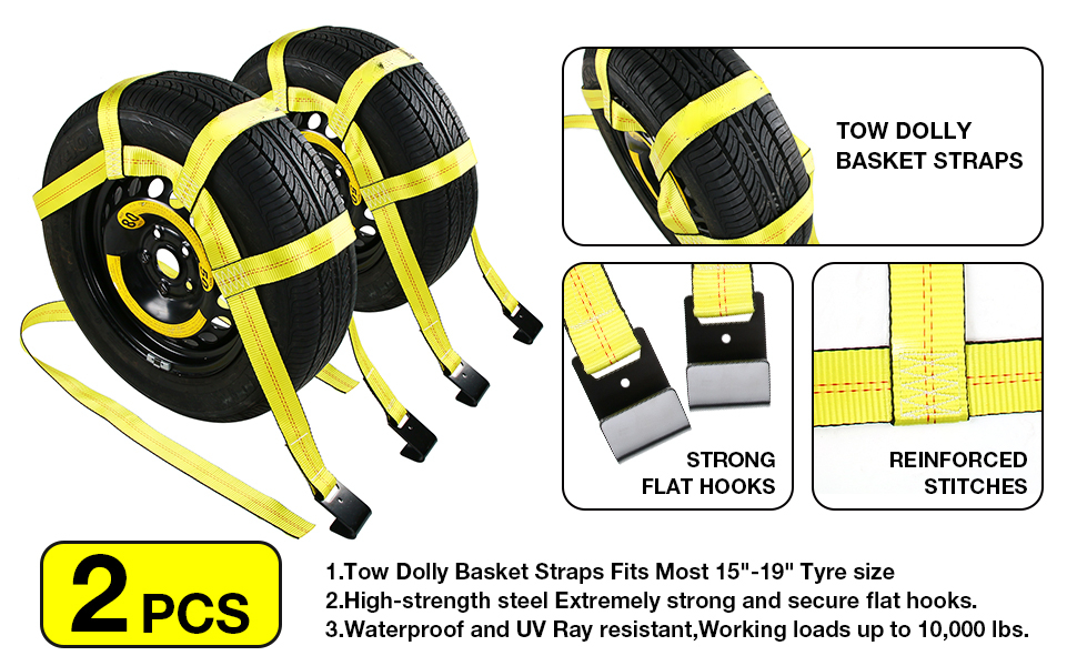 Tow Dolly Straps with Flat Hooks 2 Pack Heavy Duty Car Wheel Straps, yellow