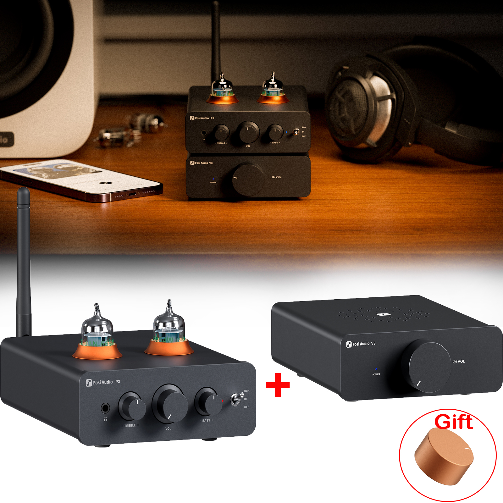 Fosi Audio V3+P3 Amplifier Audio Stereo TPA3255 Class D 2 Channel