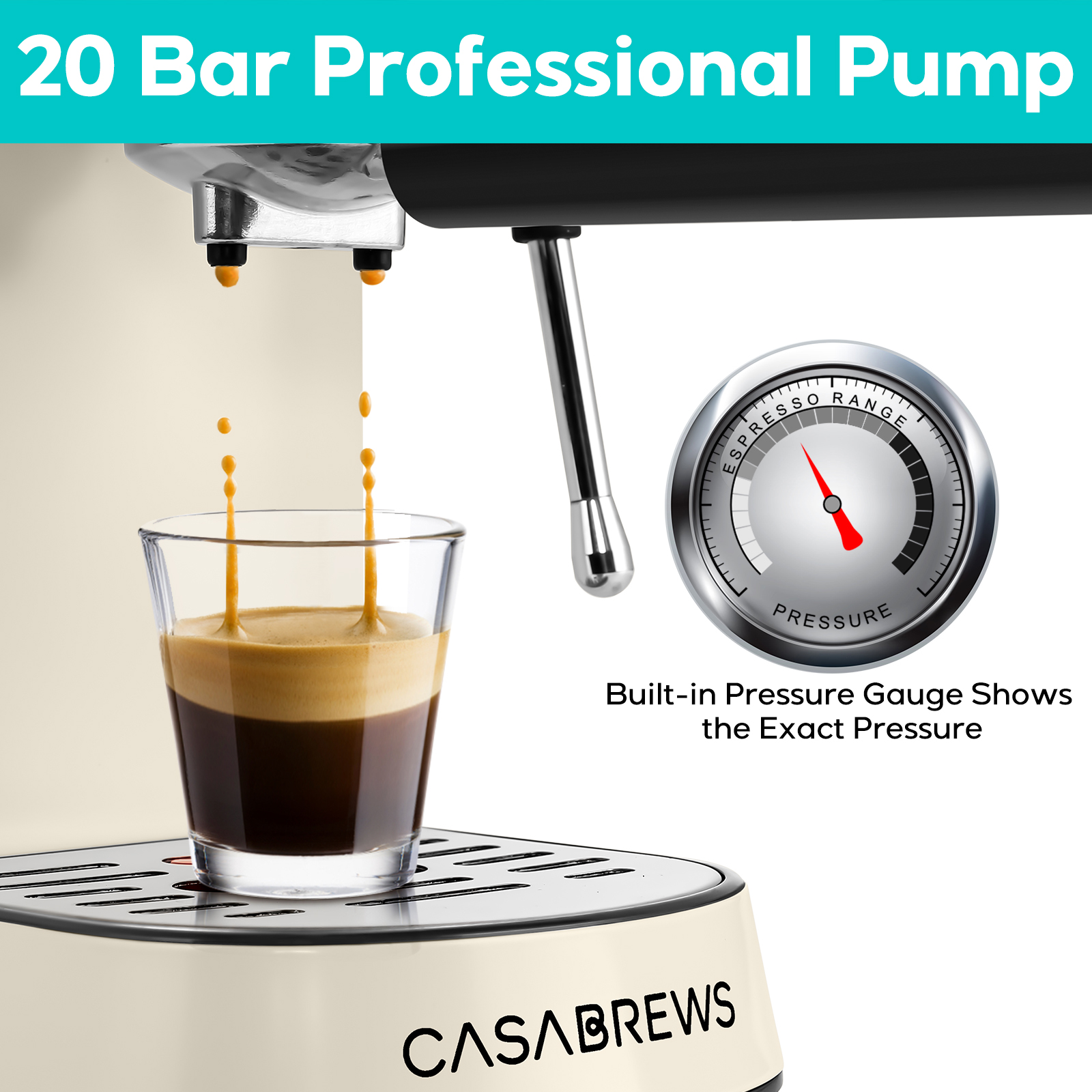 CASABREWS 20 Bar Precision Espresso Machine, Build in Grinder, w/ 92oz Water Tank, Stainless Steel - Silver