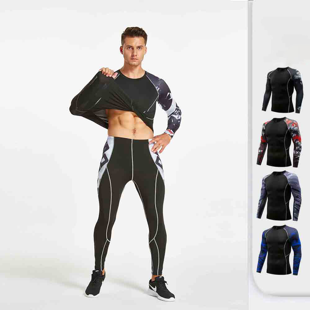 Mens Compression Under Base Layer Long Shirt Top Pants Training Workout Gym  Set