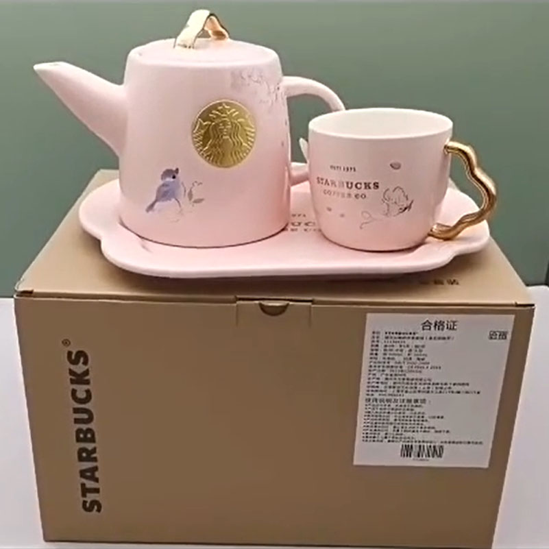 New Starbucks！Pink Sakura Birds Teapot Set Coffee Mug Tea