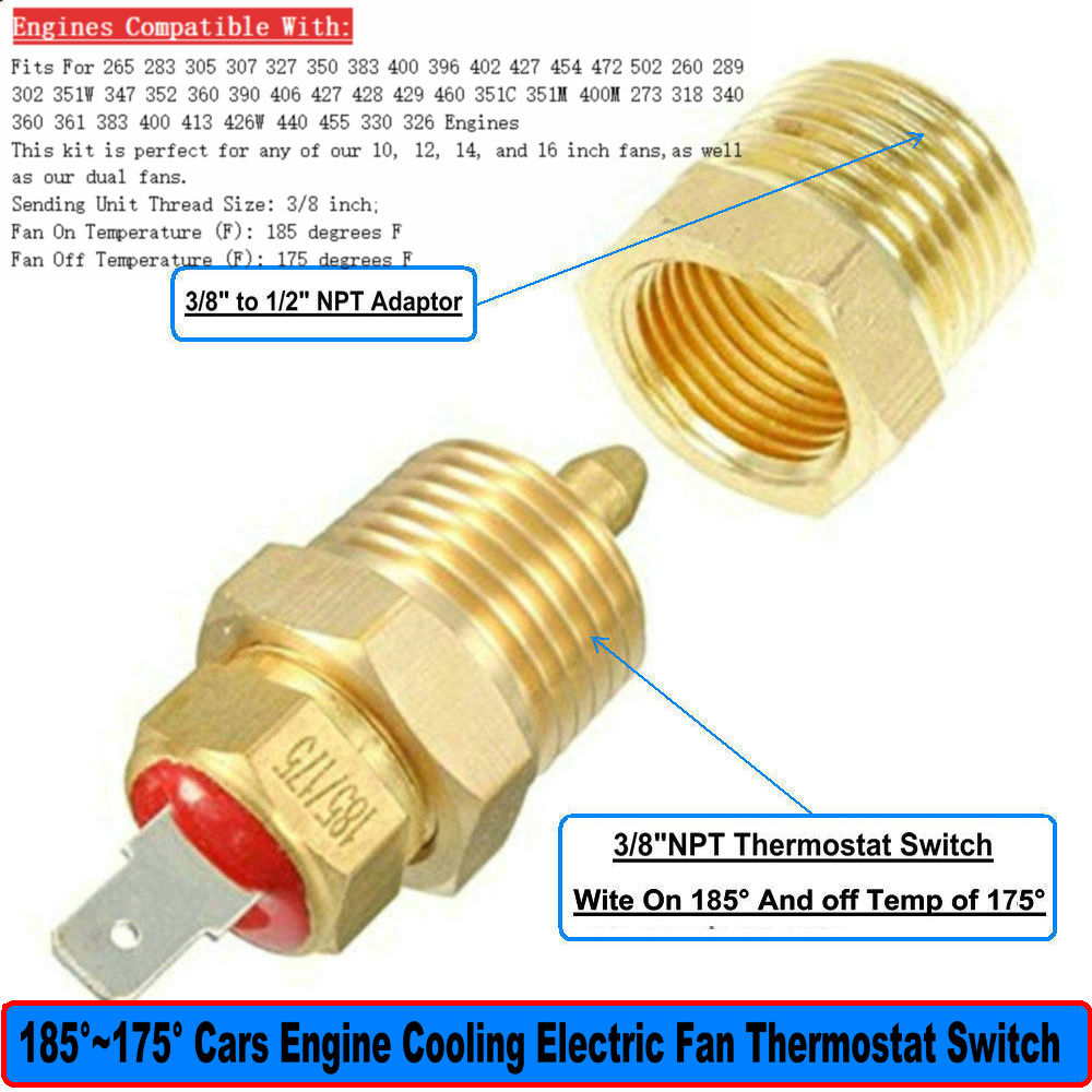 PartsSquare 3/8" 185 Degree On 170 Degree Off Radiator Cooling Fan Thermostat Temperature Switch Kit Compatible With 265 283 305 400 347 352 360