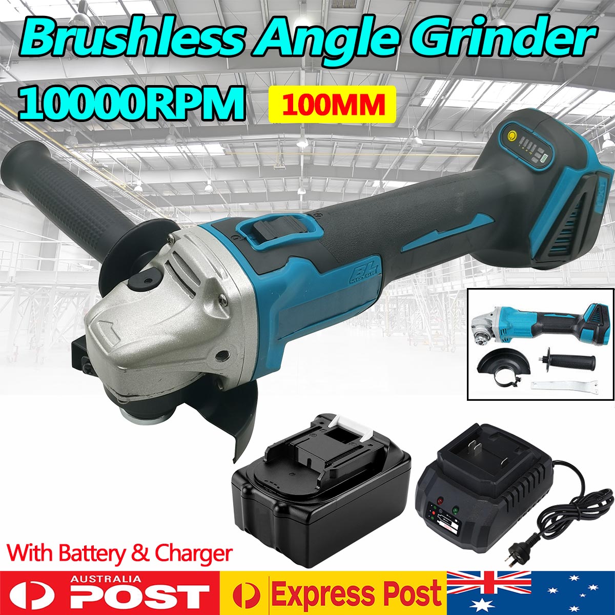 Cordless Brushless 100mm 4'' Angle Grinder Body Battery + Charger For