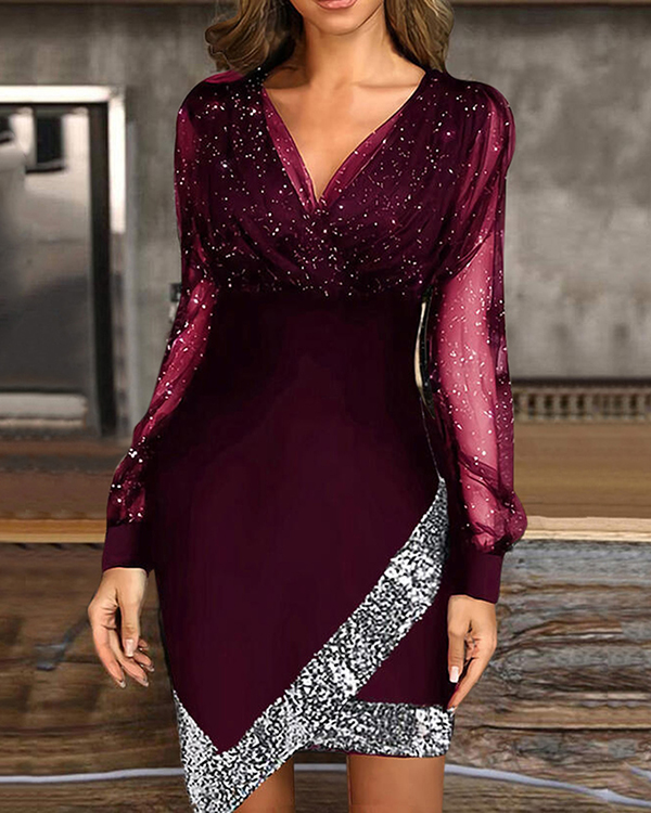 US$ 29.99 - V-neck Mesh Stitching Dress - www.narachic.com