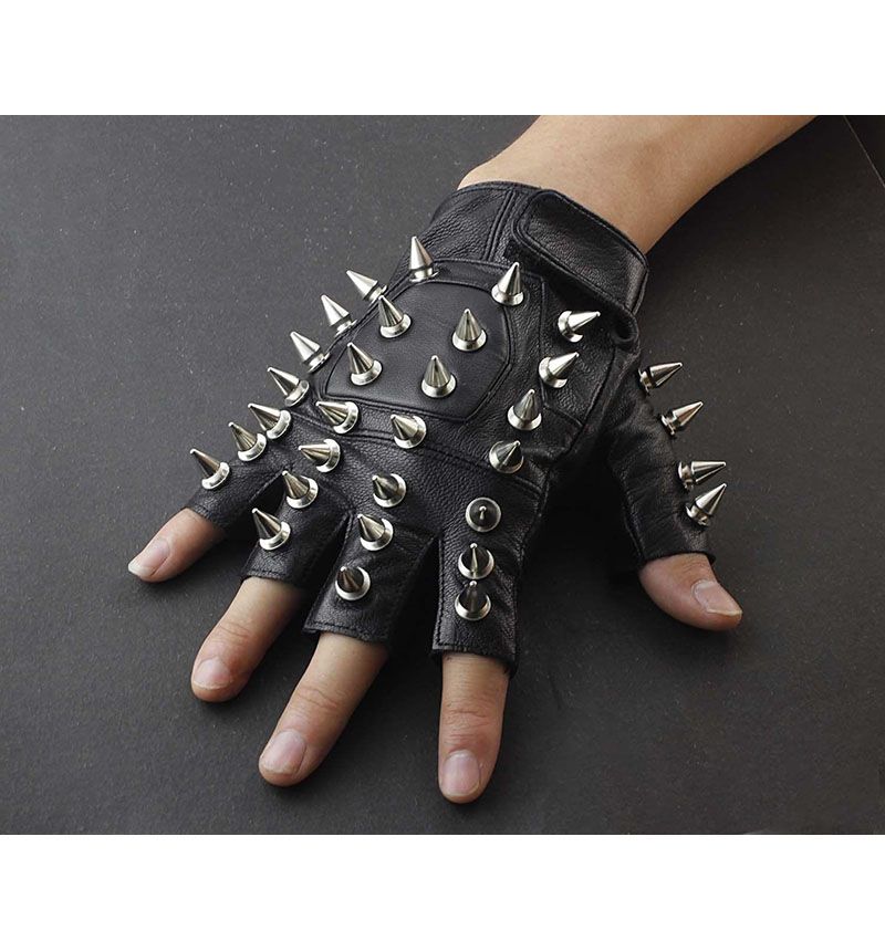 Fashion Mens Metal Spike Studded Leather Fingerless Gloves Cosplay