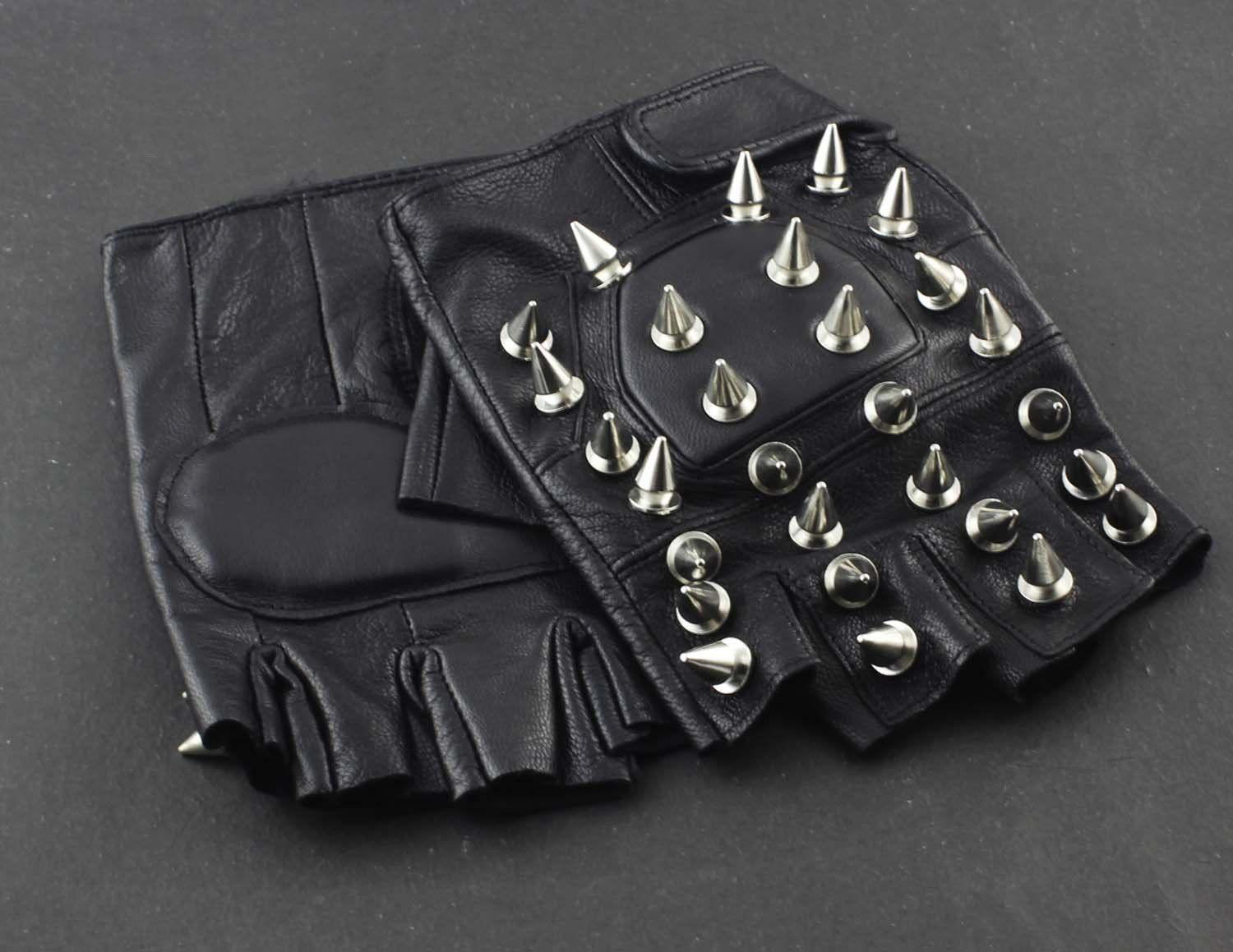 Fashion Mens Metal Spike Studded Leather Fingerless Gloves Cosplay