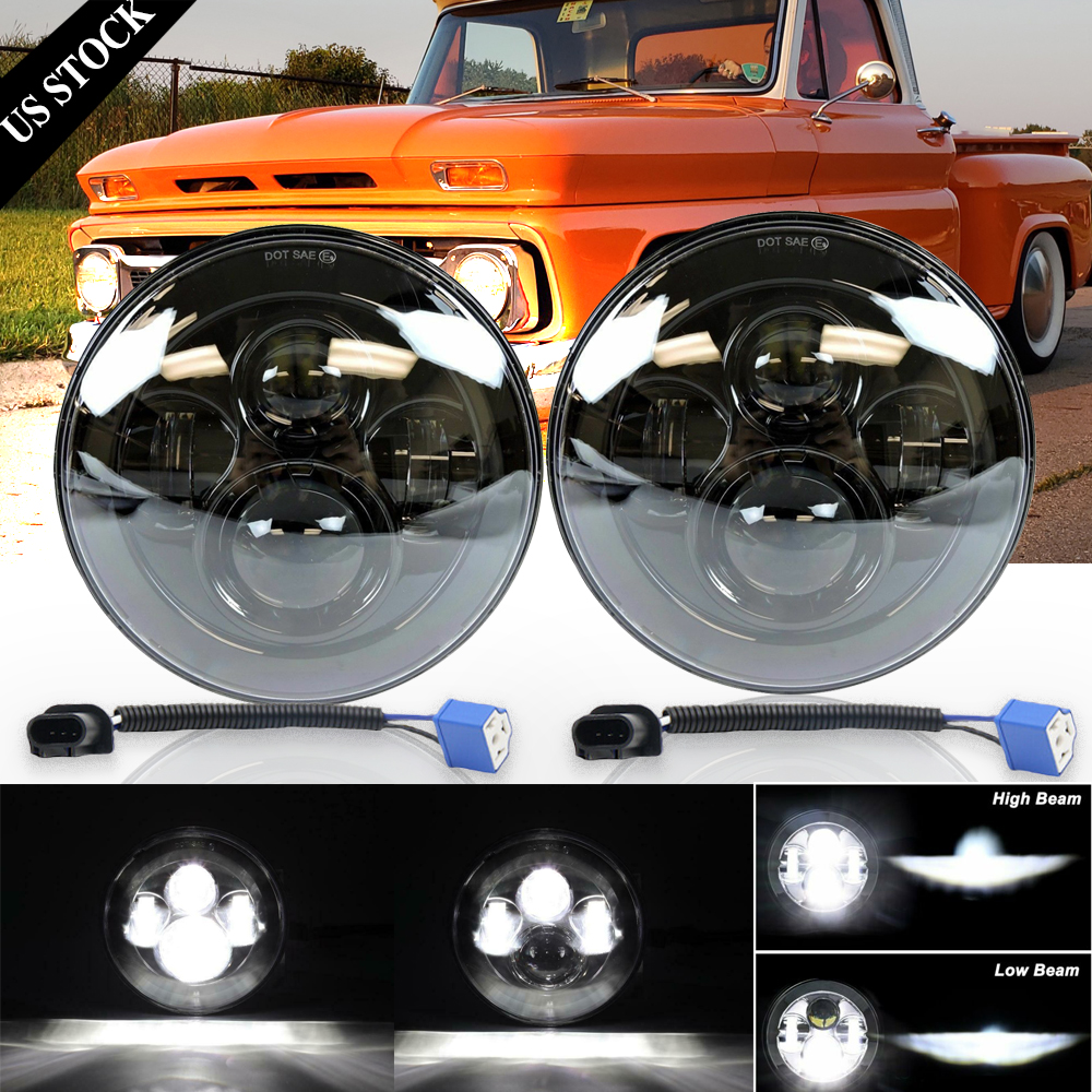 Pair Black 7" Round LED Headlights Hi/Lo Beam Bulb for Chevy Truck