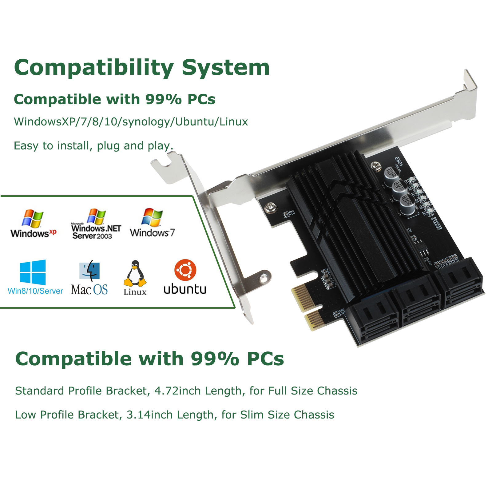 Carte PCIe 8 Ports SATA III 6G – Chipset ASM1068 – UEFI – Profils Haut/bas – Neuf
