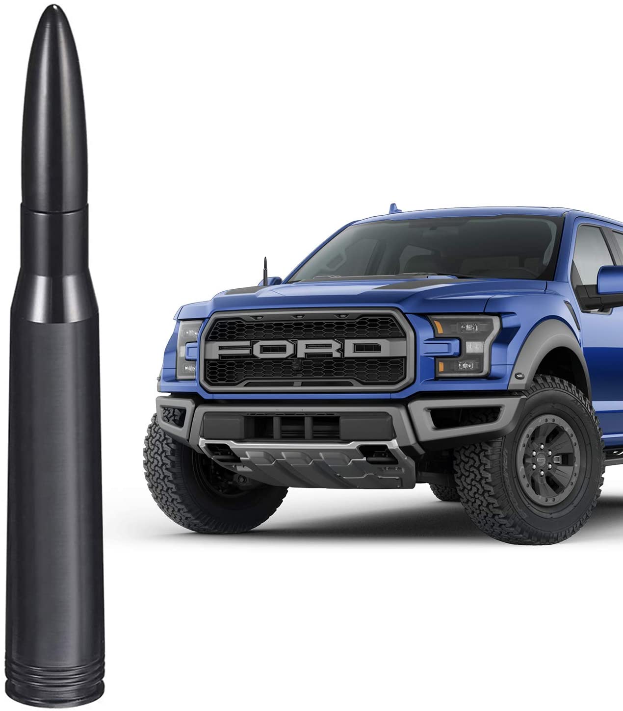 .50 Cal Bullet Style Short Stubby Antenna - Aluminum, Black, For Trucks & Cars (Universal Fit)
